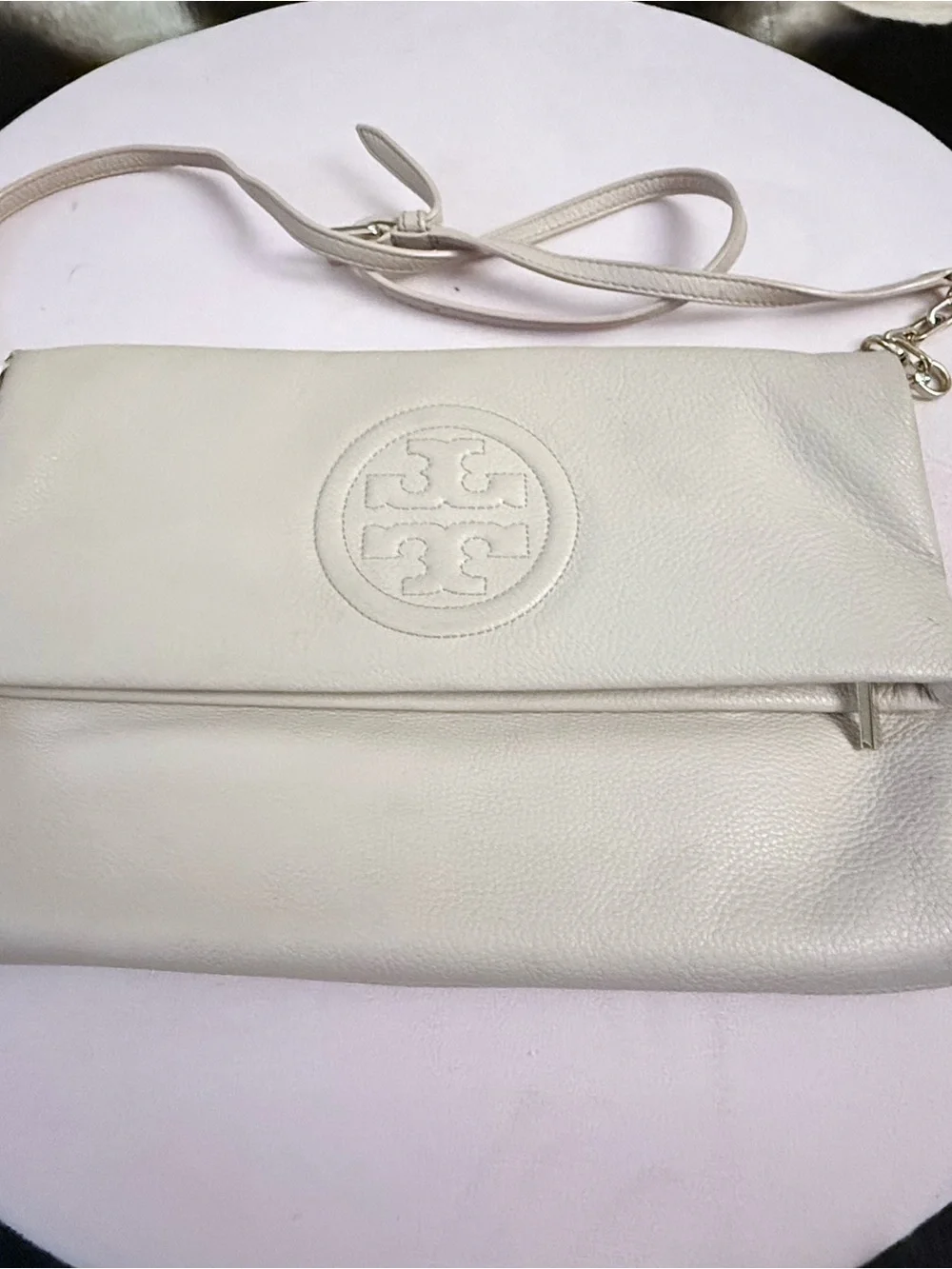 Tory Burch Light Cream Fold-Over Leather Crossbody Clutch